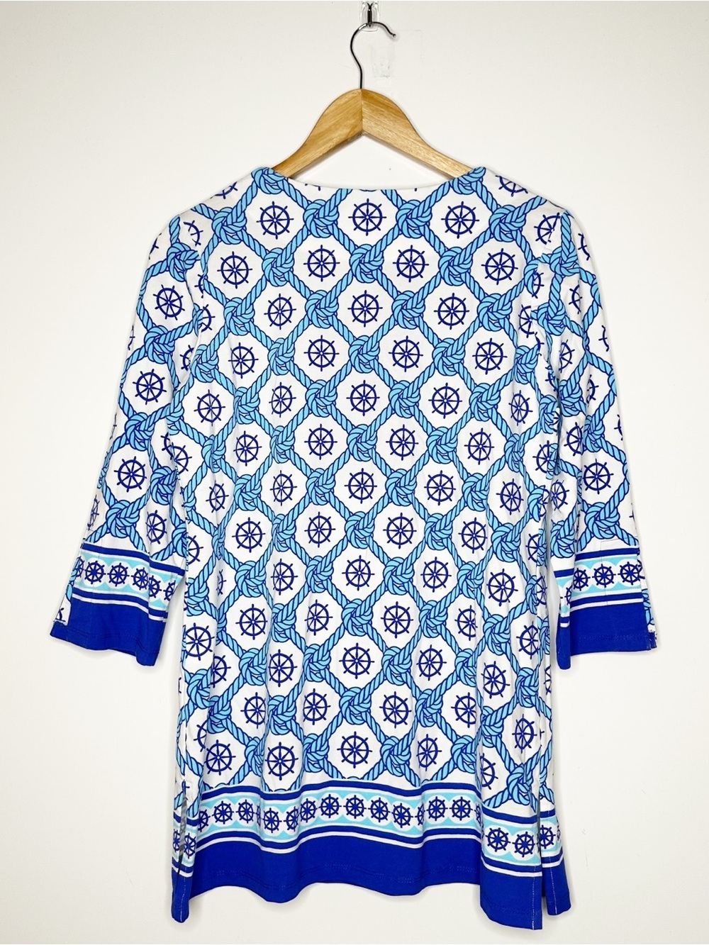 REZOBAY Luxury Resort Wear Nautical Ship Wheel Rope Print Tunic Top Size Small - Picture 7 of 9